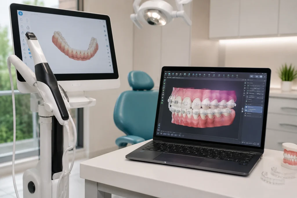 Modern digital orthodontic treatment with 3D dental scanning and clear aligner technology.