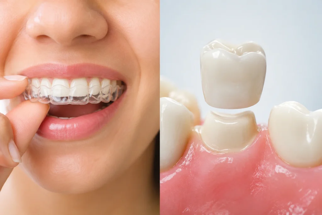Clear aligners and dental crowns shown in a modern orthodontic treatment setup for adults.