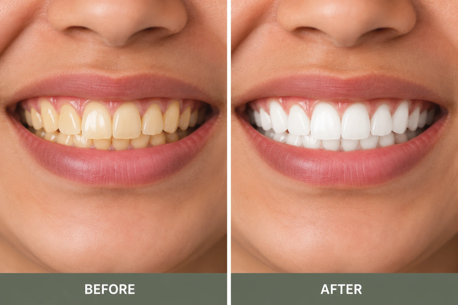 Before and after result of professional teeth whitening treatment at a dental clinic