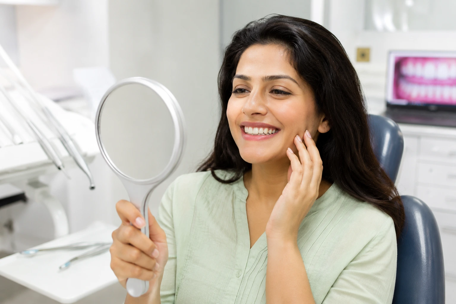 Smiling patient after cosmetic dental smile makeover treatment in Pune clinic