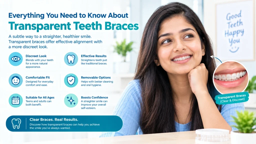 Patient holding transparent teeth braces aligner at dental clinic in Pune.