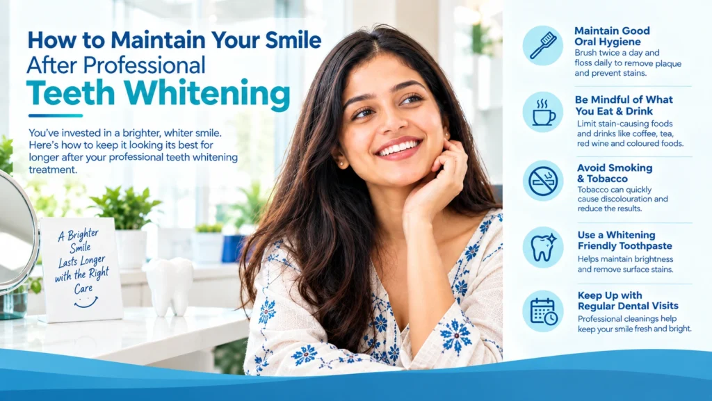 Patient maintaining a bright smile after professional teeth whitening with proper dental care