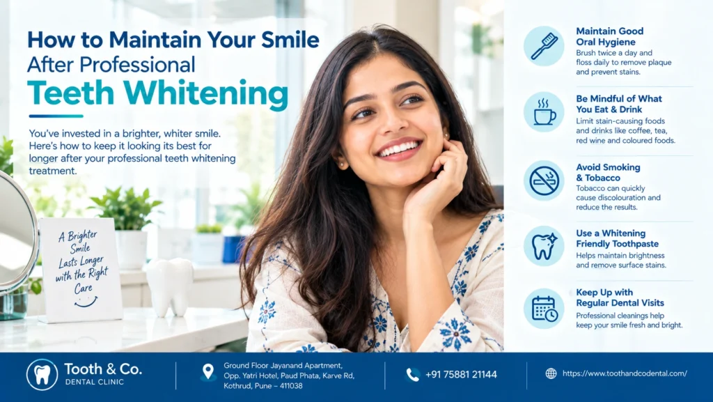Patient maintaining a bright smile after professional teeth whitening with proper dental care.