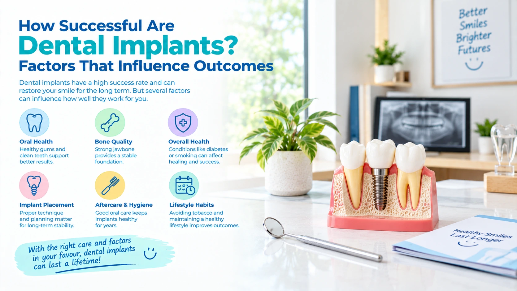 Dentist showing dental implant model to patient during consultation at dental clinic.