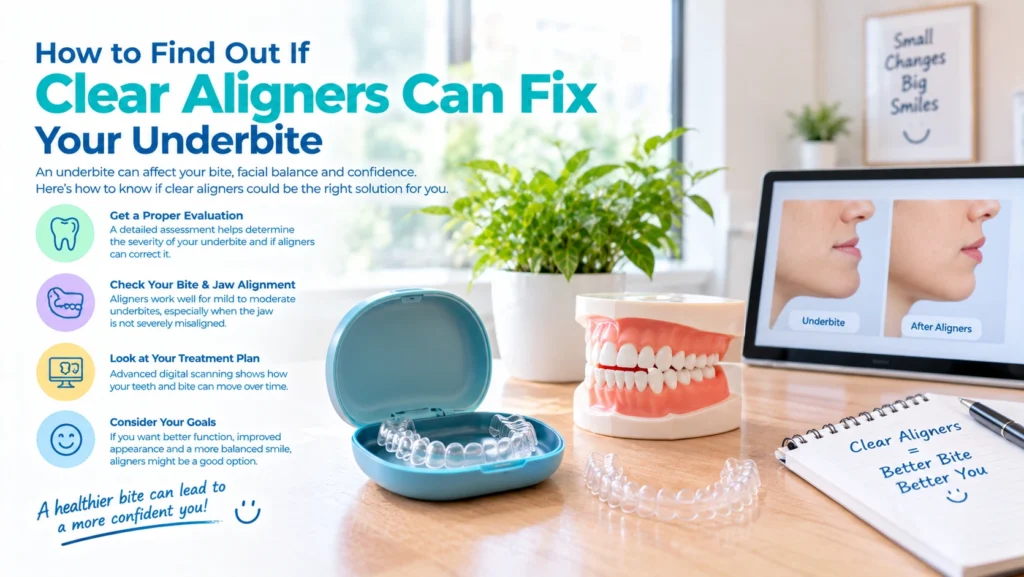 Clear aligner trays shown to patient during underbite assessment at dental clinic.