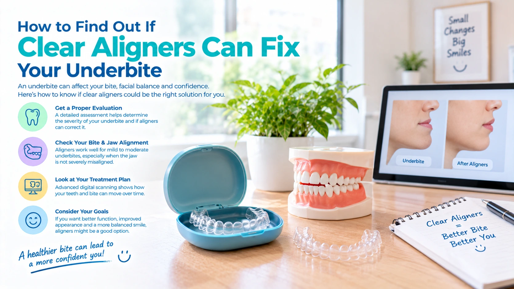 Clear aligner trays shown to patient during underbite assessment at dental clinic.